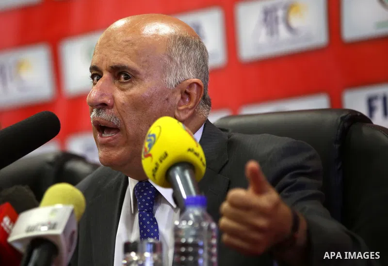 President of the Palestinian Football Association, Jibril Rajoub speaks during a press conference in the West Bank city of Ramallah on June 2, 2015. Photo by Shadi Hatem