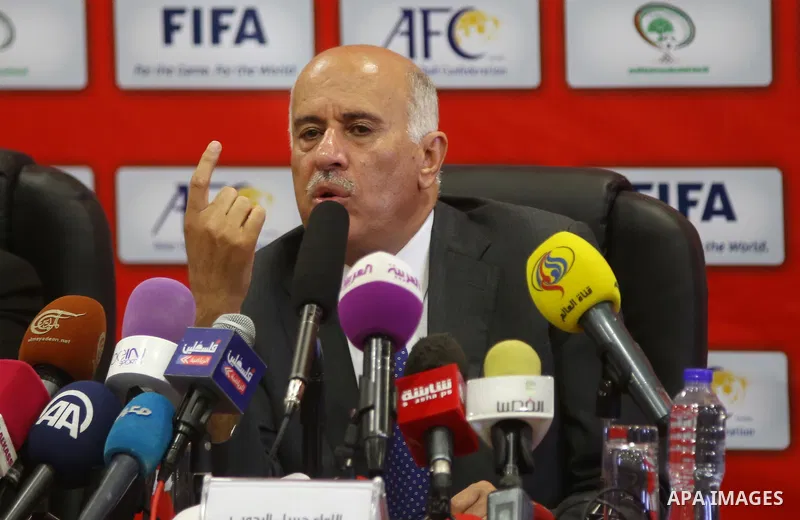 President of the Palestinian Football Association, Jibril Rajoub speaks during a press conference in the West Bank city of Ramallah on June 2, 2015. Photo by Shadi Hatem