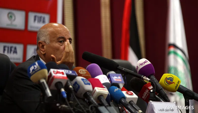 President of the Palestinian Football Association, Jibril Rajoub speaks during a press conference in the West Bank city of Ramallah on June 2, 2015. Photo by Shadi Hatem