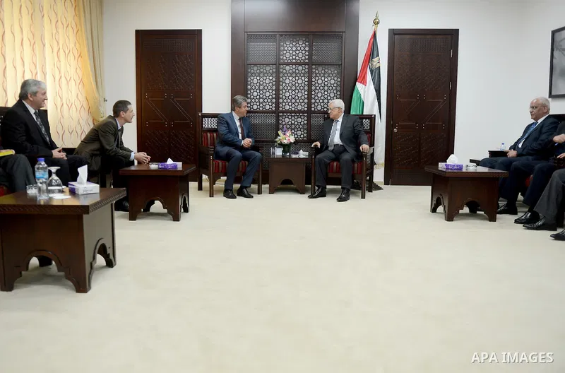 Palestinian President, Mahmoud Abbas (Abu Mazen) meets with former Bulgarian President Mr. Georgi Parvanov in the West Bank city of Ramallah on June 03, 2015. Photo by Osama Falah