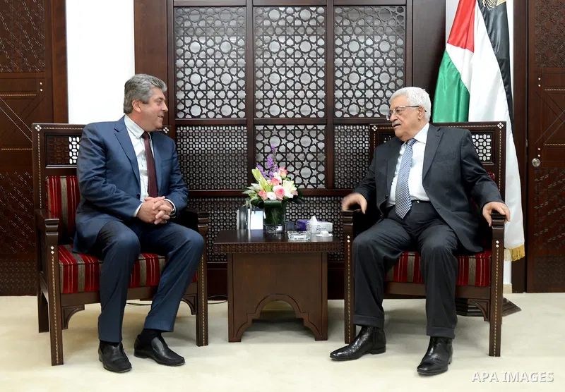 Palestinian President, Mahmoud Abbas (Abu Mazen) meets with former Bulgarian President Mr. Georgi Parvanov in the West Bank city of Ramallah on June 03, 2015. Photo by Osama Falah