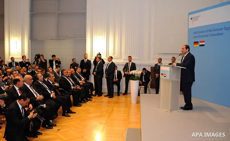 Egyptian President Abdel Fattah al-Sisi gives a speech during the second session of the German-Egyption Joint Economic Committee on June 3, 2015 in Berlin. German Vice Chancellor, Economy and Energy Minister Sigmar Gabri...