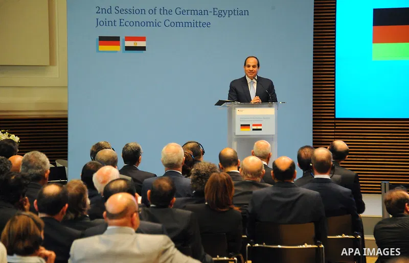 Egyptian President Abdel Fattah al-Sisi gives a speech during the second session of the German-Egyption Joint Economic Committee on June 3, 2015 in Berlin. German Vice Chancellor, Economy and Energy Minister Sigmar Gabri...