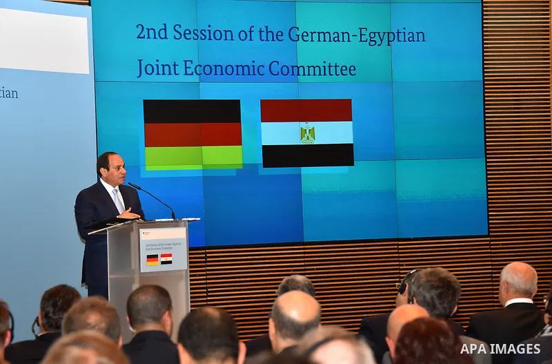 Egyptian President Abdel Fattah al-Sisi gives a speech during the second session of the German-Egyption Joint Economic Committee on June 3, 2015 in Berlin. German Vice Chancellor, Economy and Energy Minister Sigmar Gabri...