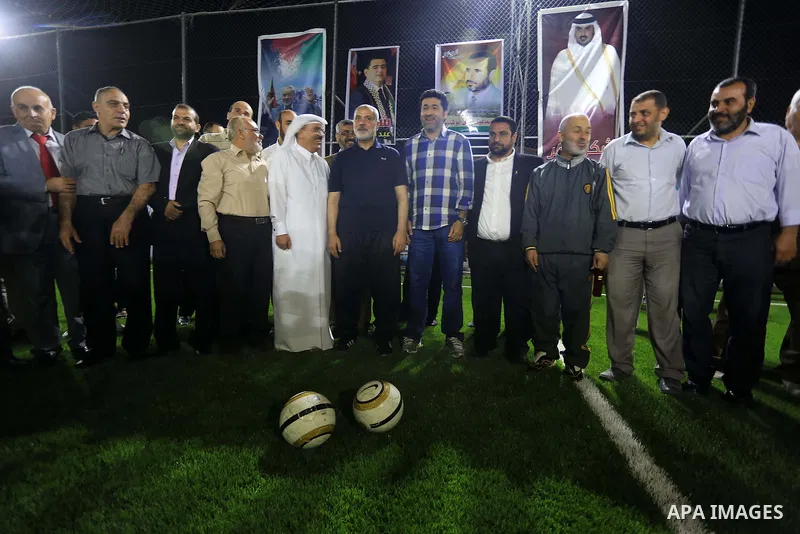 Senior Hamas leader Ismail Haniyeh attends the opening ceremony of football field in Gaza city on June 4, 2015. Photo by Mohammed Asad