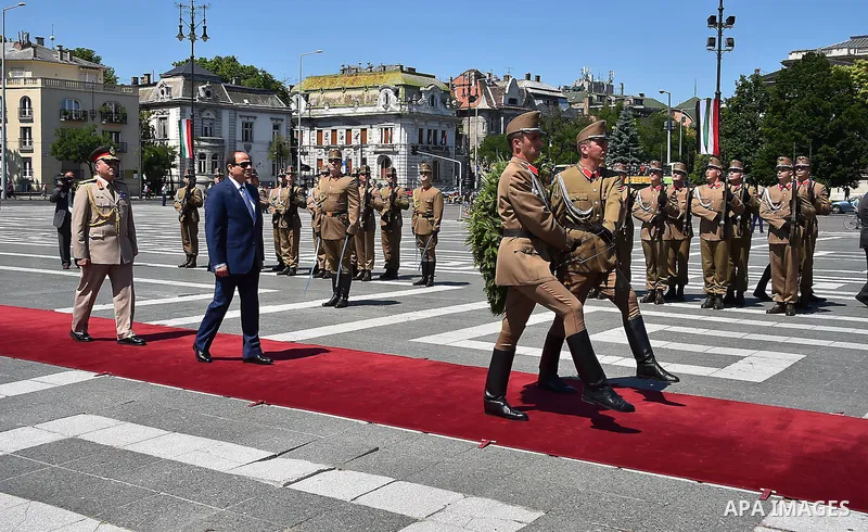 Egyptian President Abdel Fattah al-Sisi lays a wreath on the Memorial in Budapest on June 6, 2015. Photo by Egyptian Presidency
