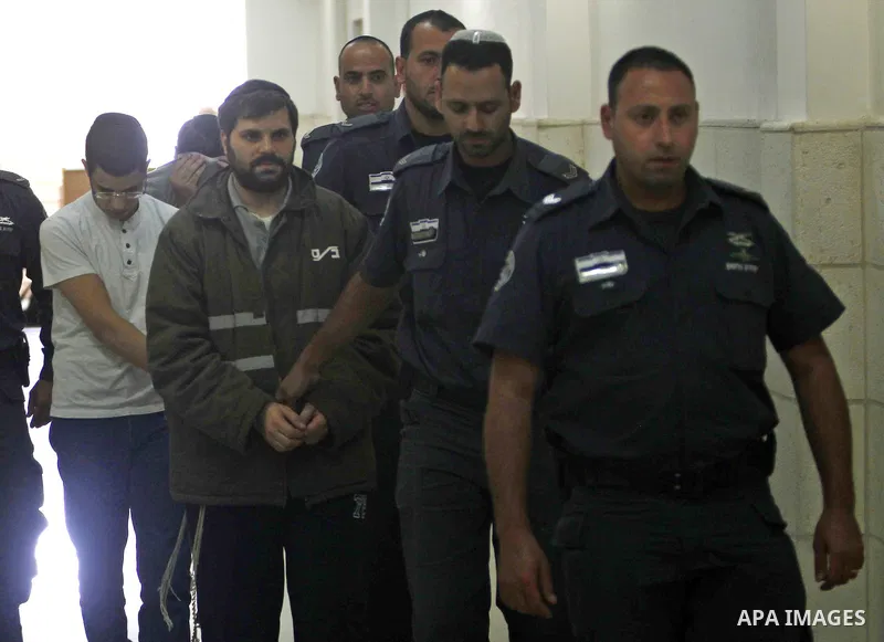 Israeli suspects in the abduction and murder of Palestinian teenager Mohammed Abu Khder, arrive for their trial in the Jerusalem district court, on June 8, 2015. Abu Khder, 16, was kidnapped from east Jerusalem on July 2...