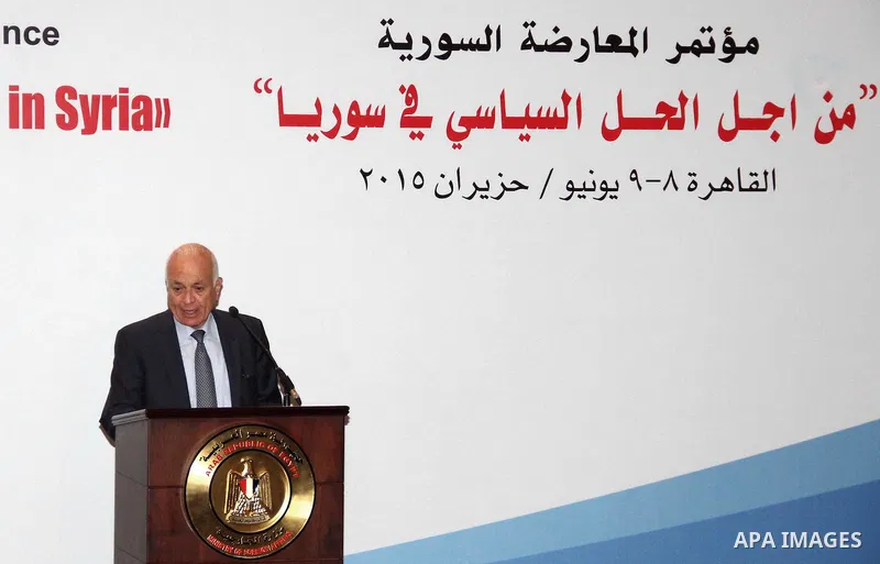 Secretary General of the Arab League, Nabil al-Arabi gives a speech during a two-day meeting with Syrian opposition representatives aiming at forming a new coalition as an alternative to an exiled Western-back alliance o...