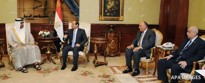 Egyptian President Abdel Fattah al-Sisi (R) meets with UAE's Foreign Minister Sheikh Abdullah bin Zayed bin Sultan Al Nahyan on June 9, 2015 in the Egyptian capital, Cairo. Photo by Egyptian Presidency