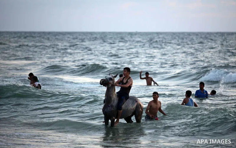Palestinians enjoy a day at the beach of the Mediterranean Sea on the coast of Gaza City, on June 12, 2015. Photo by Ashraf Amra