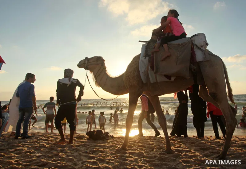 Palestinians enjoy a day at the beach of the Mediterranean Sea on the coast of Gaza City, on June 12, 2015. Photo by Ashraf Amra