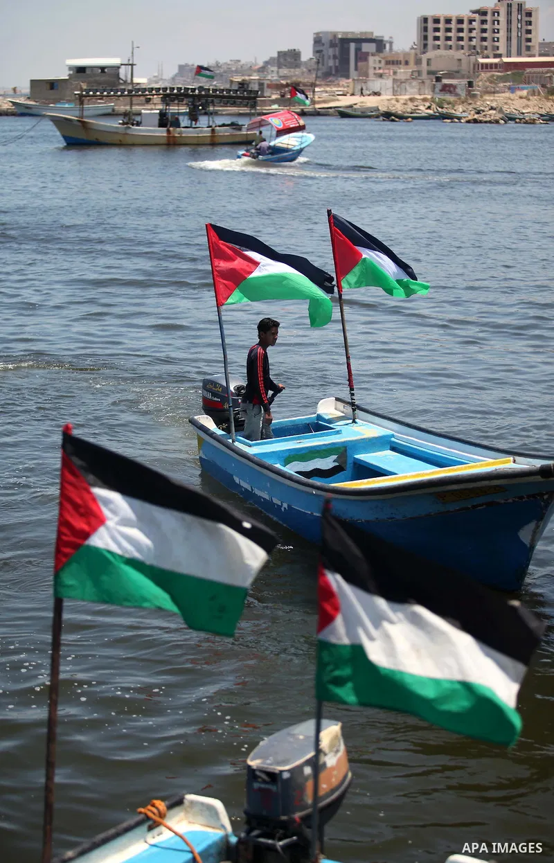 Palestinians riding boats hold Palestinian flags during a protest against the Israeli blocking of a boat of foreign activists from reaching Gaza, at the Seaport of Gaza City June 29, 2015. Israel said on Monday it had bl...