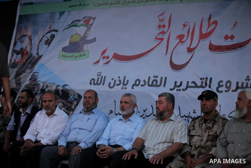 Senior Hamas leader Ismail Haniyeh, attends a military-style camp organized by his movement in Gaza City on July 28, 2015. Hamas's armed wing organized "Liberation Youths Camps" for young Palestinians aged between 15 and...