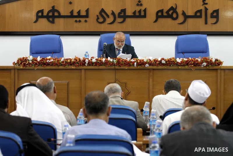 Deputy of the Legislative Council, Ahmed Bahar, speaks during a meeting with members of the Legislative Council from Hamas movement in Gaza city on July 29, 2015. Photo by Mohammed Asad