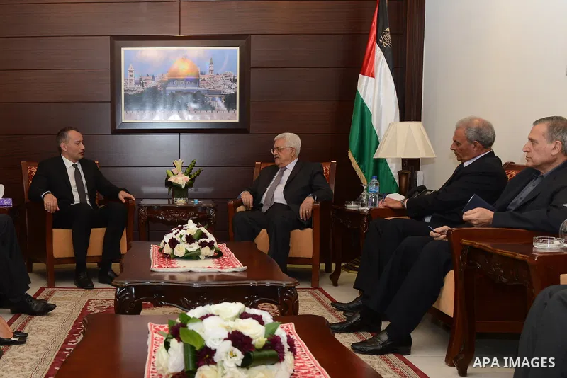 Palestinian President, Mahmoud Abbas (Abu Mazen) meets with the United Nations Secretary General Special Coordinator in the West Bank city of in Ramallah August 1, 2015. Photo by Osama Falah