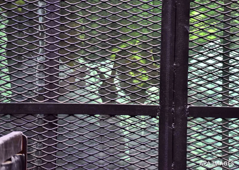 Egyptians defendants in Boulaq riots case, stand behind bars during their trial at a court in Cairo on August 01, 2015. Cairo Criminal Court delayed the trial of 379 Muslim Brotherhood (MB) members over charges of illega...