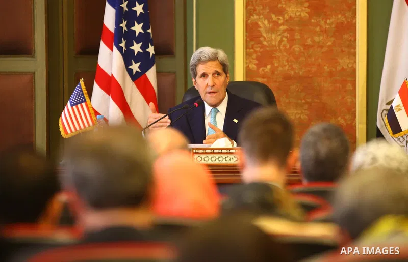 U.S. Secretary of State John Kerry speaks during a press conference with his Egyptian counterpart Sameh Shoukry after their meeting at the foreign ministry in Cairo, Egypt, Sunday, Aug. 2, 2015. The United States and Egy...