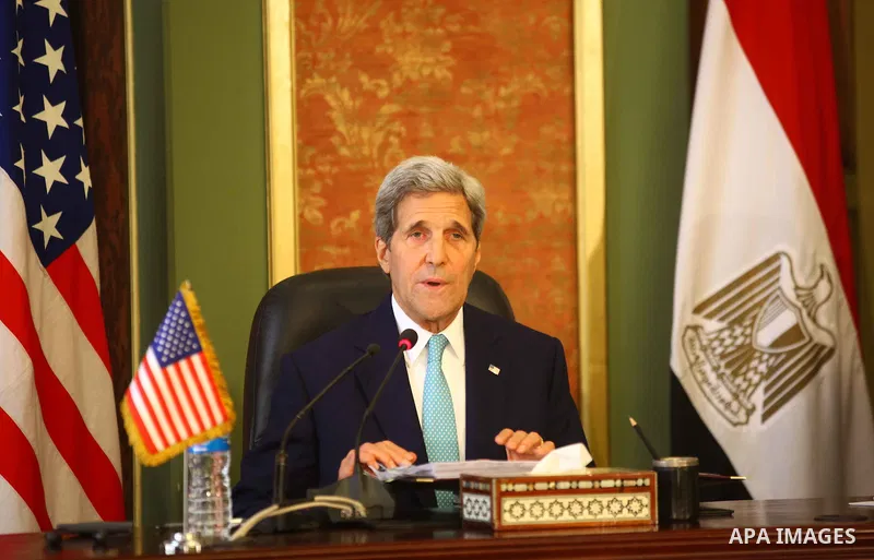 U.S. Secretary of State John Kerry speaks during a press conference with his Egyptian counterpart Sameh Shoukry after their meeting at the foreign ministry in Cairo, Egypt, Sunday, Aug. 2, 2015. The United States and Egy...