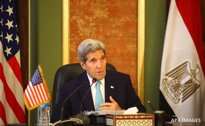 U.S. Secretary of State John Kerry speaks during a press conference with his Egyptian counterpart Sameh Shoukry after their meeting at the foreign ministry in Cairo, Egypt, Sunday, Aug. 2, 2015. The United States and Egy...