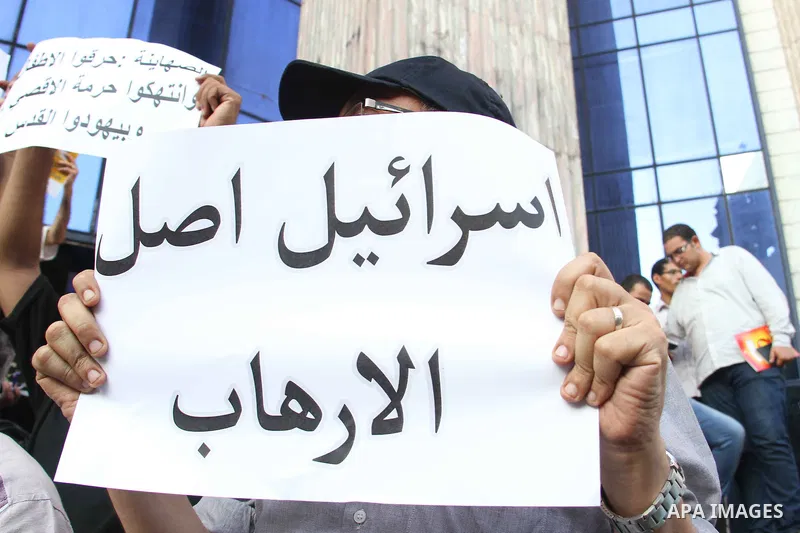 Egyptian journalists take part in a protest against the killing of 18-month-old Palestinian Ali Saad Dawabsheh, the toddler who was burned to death by suspected Jewish extremists, in front of the Journalists Syndicate, i...