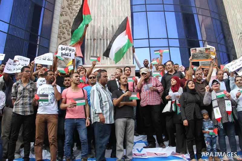Egyptian journalists take part in a protest against the killing of 18-month-old Palestinian Ali Saad Dawabsheh, the toddler who was burned to death by suspected Jewish extremists, in front of the Journalists Syndicate, i...