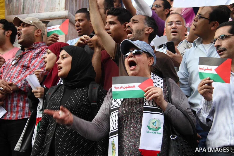 Egyptian journalists take part in a protest against the killing of 18-month-old Palestinian Ali Saad Dawabsheh, the toddler who was burned to death by suspected Jewish extremists, in front of the Journalists Syndicate, i...