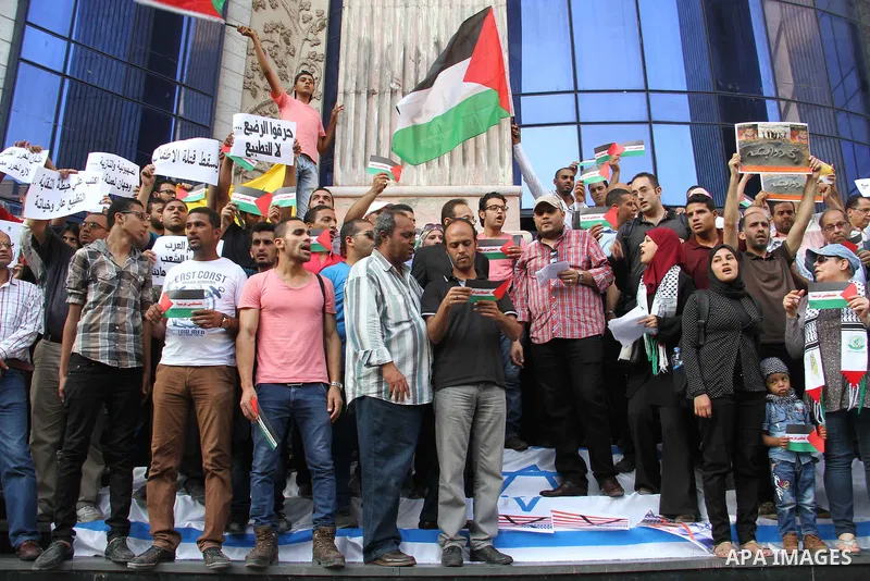 Egyptian journalists take part in a protest against the killing of 18-month-old Palestinian Ali Saad Dawabsheh, the toddler who was burned to death by suspected Jewish extremists, in front of the Journalists Syndicate, i...