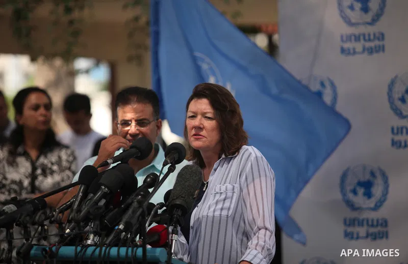 UNRWA Deputy Commissioner-General Sandra Mitchell, speaks during a press conference, in Gaza city on August 3, 2015. The United Nations Relief and Works Agency for Palestinians in the Near East (UNRWA) held an emergency...