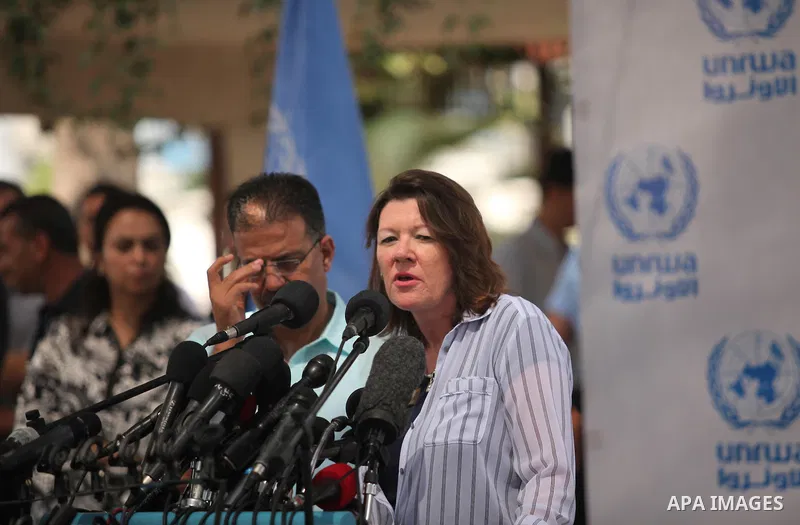 UNRWA Deputy Commissioner-General Sandra Mitchell, speaks during a press conference, in Gaza city on August 3, 2015. The United Nations Relief and Works Agency for Palestinians in the Near East (UNRWA) held an emergency...