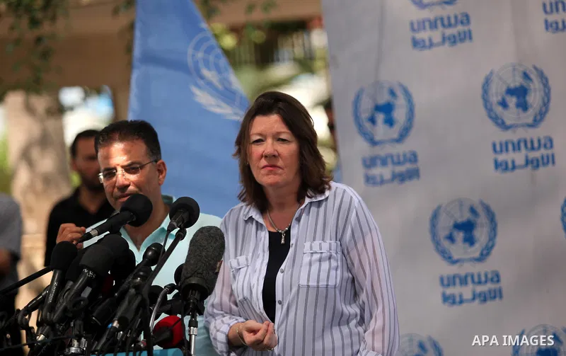 UNRWA Deputy Commissioner-General Sandra Mitchell, speaks during a press conference, in Gaza city on August 3, 2015. The United Nations Relief and Works Agency for Palestinians in the Near East (UNRWA) held an emergency...