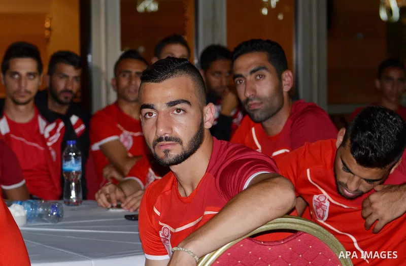 Members of the Hebron's Al-Ahly soccer team, attend a reception ceremony in Gaza city on August 4, 2015. The soccer teams of the Gaza Strip's Shejaia and al-Ahly from Hebron in the Israeli-occupied West Bank will play a...