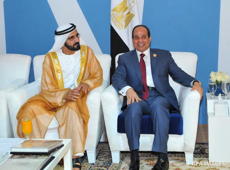 Egyptian President, Abdel Fattah al-Sisi, meets with United Arab Emirates Vice President and Prime Minister and Ruler of Dubai, Sheikh Mohammed bin Rashid al-Maktoum following the inauguration ceremony for the new additi...
