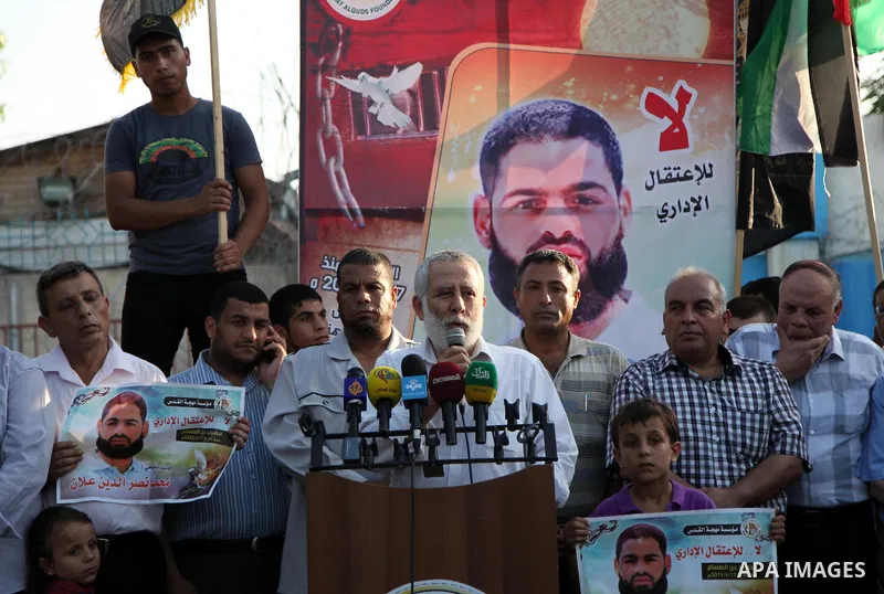 Senior Islamic Jihad movement leader Mohammad al-Hindi speaks during a protest in support of Palestinian prisoner in Israeli jails Mohammed Allan, outside United Nations headquarter, in Gaza city on August 8, 2015. The I...