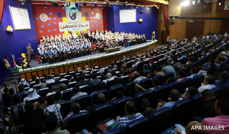 Palestinian students take part in their graduation ceremony at the Islamic University in Gaza city on August 9, 2015. Photo by Mohammed Asad