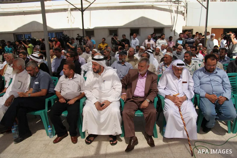 Palestinian members of the Legislative Council, take part in a protest against the United Nations Relief and Works Agency (UNRWA), decision to reduce of the services in Gaza city on August 12, 2015. The Deputy Commission...