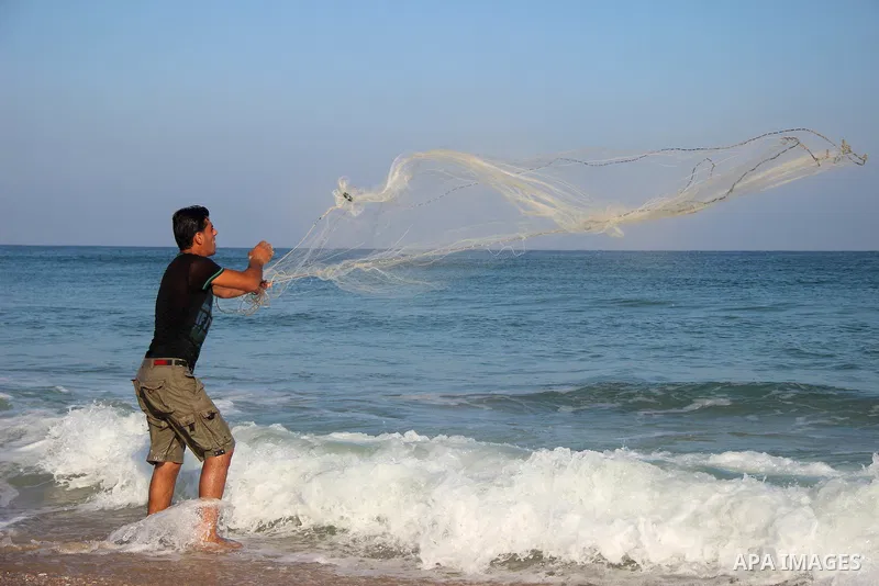 A Palestinian fisherman throw their nets into the Mediterranean Sea on the coast of Gaza City on August 14, 2015. Photo by Khaled Dawood