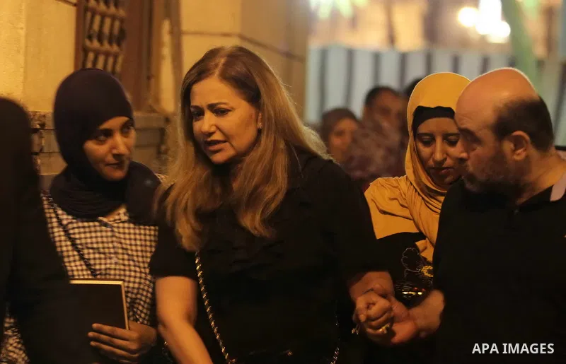 Egyptian actor, Leila Alawi attends the funeral of Egyptian film star Nur al-Sharif on August 14, 2015, at Omar Makram Mosque, in Cairo. The veteran pan-Arab film and TV star died on August 11, 2015 following a brief ill...