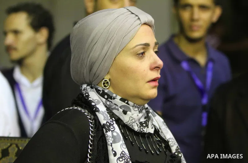 Egyptian actor, Sabreen attends the funeral of Egyptian film star Nur al-Sharif on August 14, 2015, at Omar Makram Mosque, in Cairo. The veteran pan-Arab film and TV star died on August 11, 2015 following a brief illness...