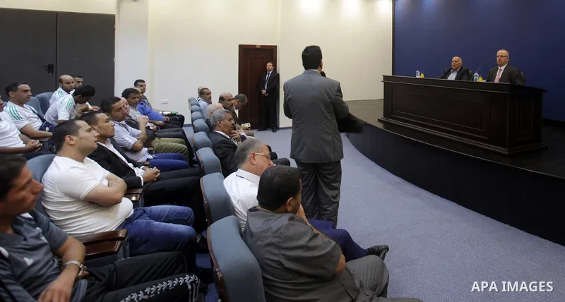 Palestinian Prime Minister Rami Hamdallah meets with Gaza Strip's Shejaiya's players, in the West Bank city of Ramallah, on August 15, 2015. Photo by Prime Minister Office