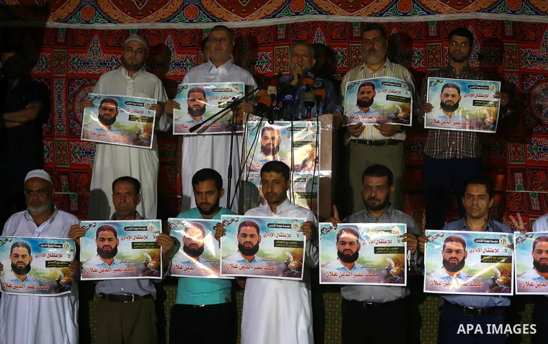 Senior Islamic Jihad movement leader Mohammad al-Hindi speaks during a protest in support of Palestinian prisoner in Israeli jails Mohammed Allan in Gaza city on August 15, 2015. The Israeli military prosecutor intends t...