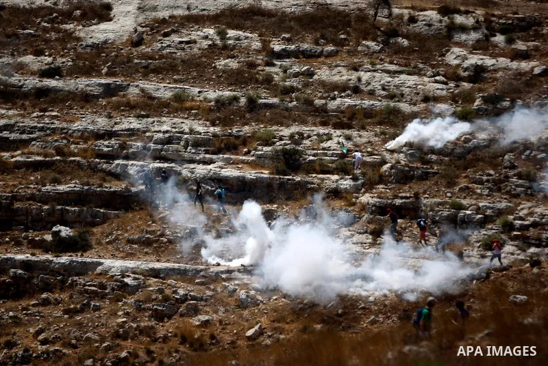 Palestinian protesters run for cover from tear gas fired by Israeli security forces during clashes following a protest against Jewish settlements in the West Bank village of Nabi Saleh, near Ramallah August 21, 2015. Pho...