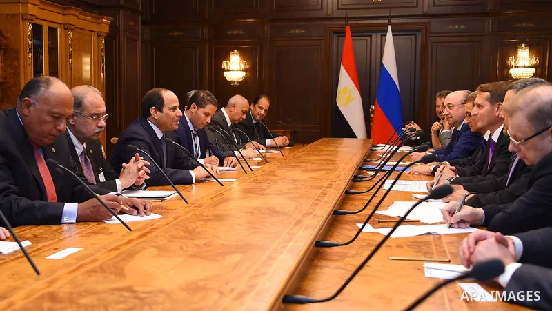 Egyptian President Abdel Fattah al-Sis speaks with Russian State Duma speaker Sergey Naryshkin, during a meeting at the State Duma, the lower house of parliament, in Moscow, Russia on August 25, 2015. Photo by Egyptian P...