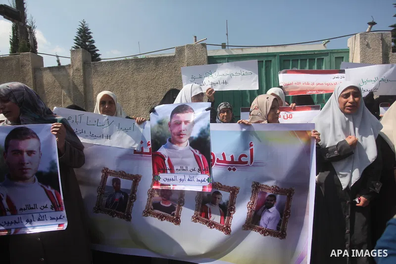 Families of Palestinians who were abducted of by gunmen is Egypt's Sinai's northern region, take part in a demonstration calling for the release in front of the Egyptian embassy, in Gaza city on August 27, 2015. Gunmen i...