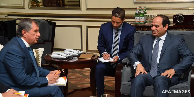 Egyptian President, Abdel Fattah al-Sisi meets with head of the Russian Rosnavt company in Moscow, Aug. 27, 2015. The Egyptian president is visiting Moscow in a bid to revive relations with Russia which were traditionall...