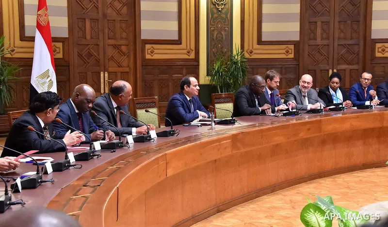 Egyptian President, Abdel Fattah al-Sisi meets with members of permanent representatives of to the United Nations in Cairo, Egypt on August 29, 2015. Photo by Egyptian President Office