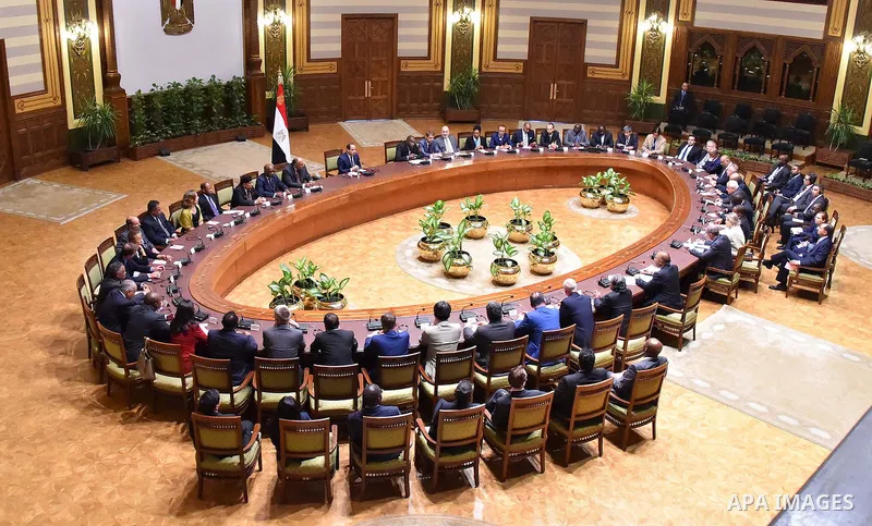 Egyptian President, Abdel Fattah al-Sisi meets with members of permanent representatives of to the United Nations in Cairo, Egypt on August 29, 2015. Photo by Egyptian President Office