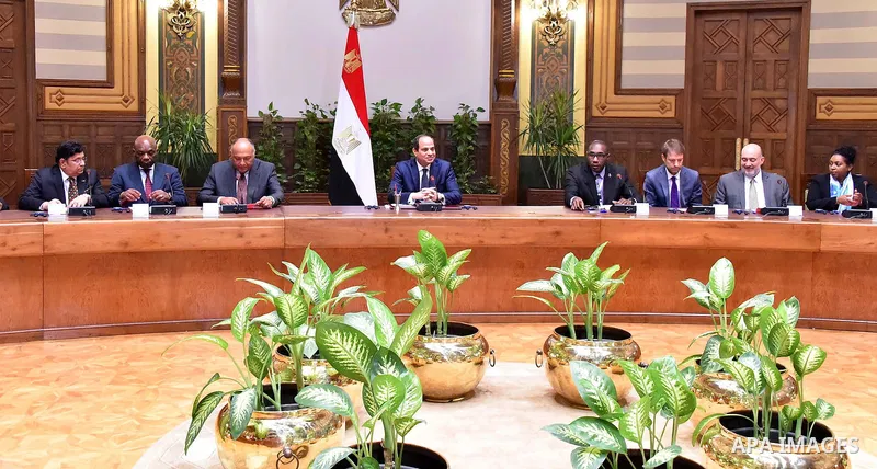 Egyptian President, Abdel Fattah al-Sisi meets with members of permanent representatives of to the United Nations in Cairo, Egypt on August 29, 2015. Photo by Egyptian President Office