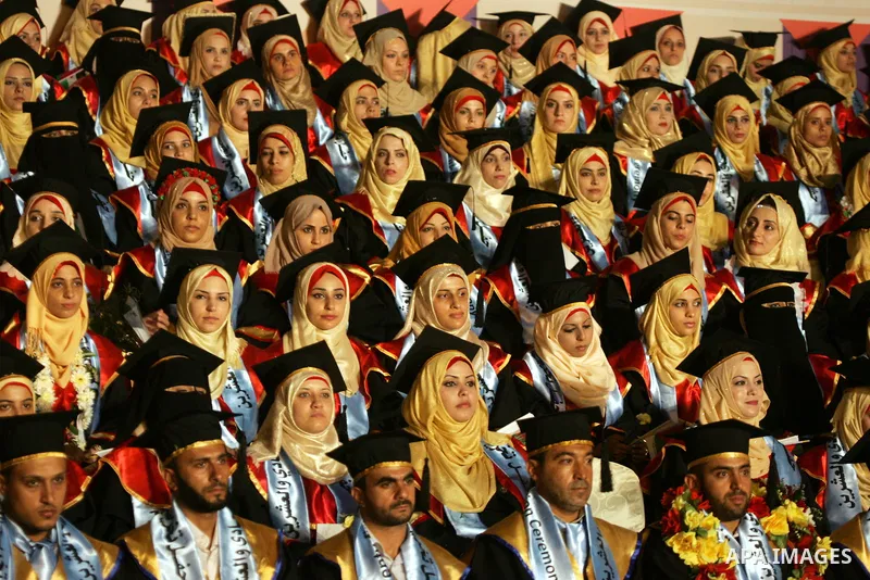 Palestinian students take part in their graduation ceremony at Al-Aqsa University in Khan Younis in the southern of Gaza strip on August 29, 2015. Photo by Abed Rahim Khatib