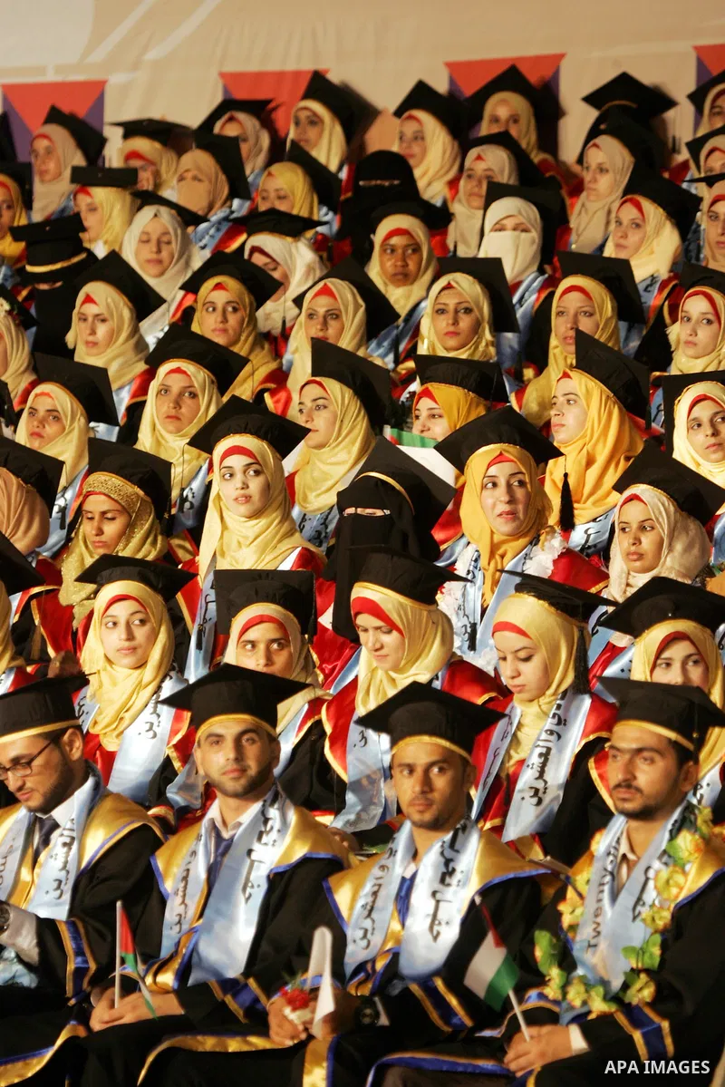 Palestinian students take part in their graduation ceremony at Al-Aqsa University in Khan Younis in the southern of Gaza strip on August 29, 2015. Photo by Abed Rahim Khatib