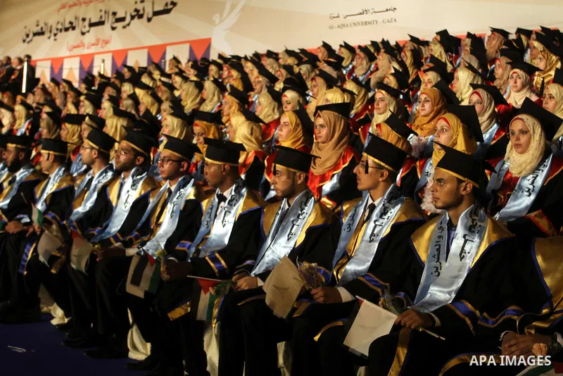 Palestinian students take part in their graduation ceremony at Al-Aqsa University in Khan Younis in the southern of Gaza strip on August 29, 2015. Photo by Abed Rahim Khatib